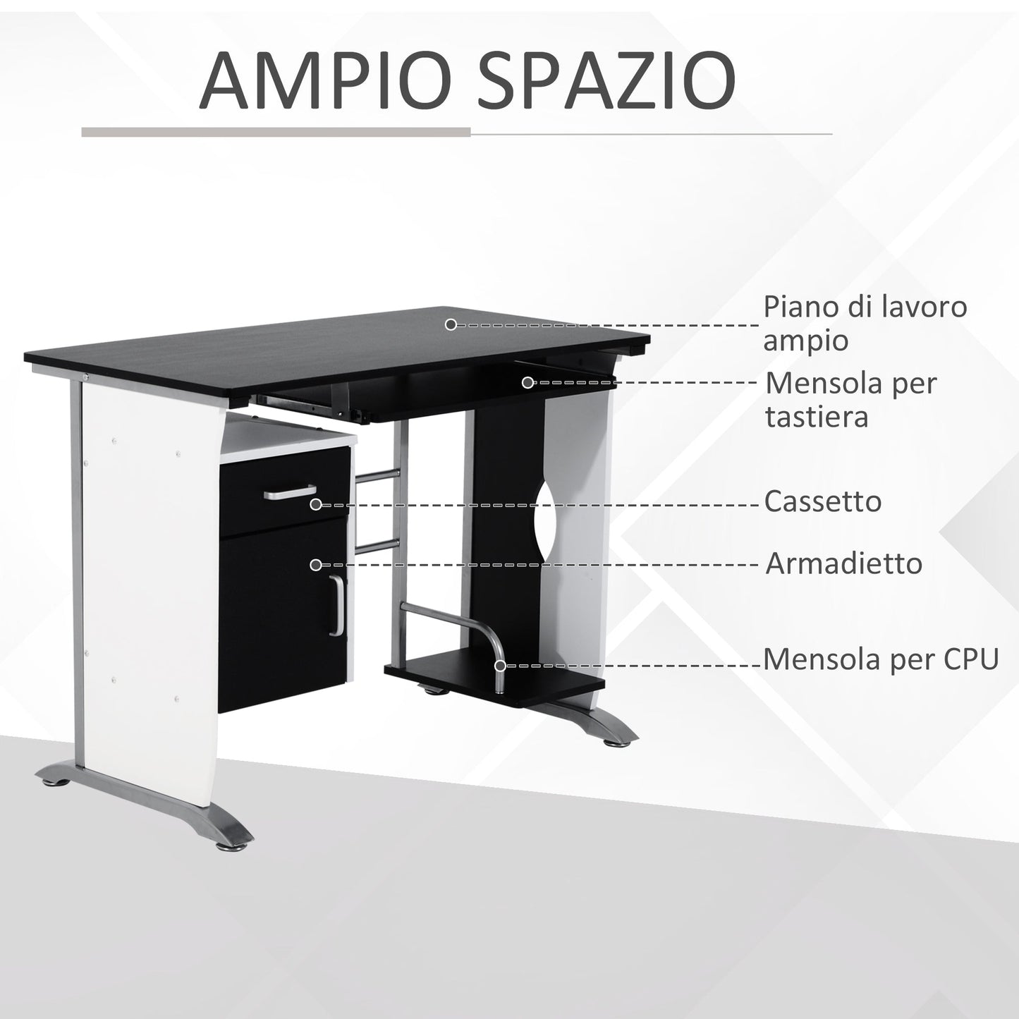 Computer Desk with Shelf, Drawer and Cabinet, in MDF and Iron, 100x52x75 cm, White and Black