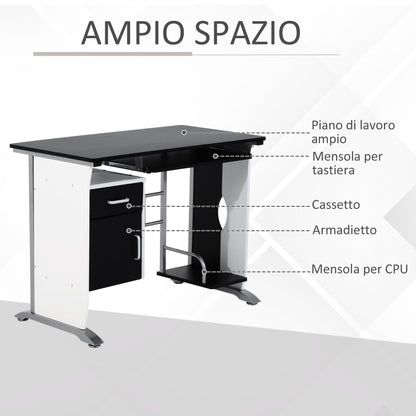 Computer Desk with Shelf, Drawer and Cabinet, in MDF and Iron, 100x52x75 cm, White and Black