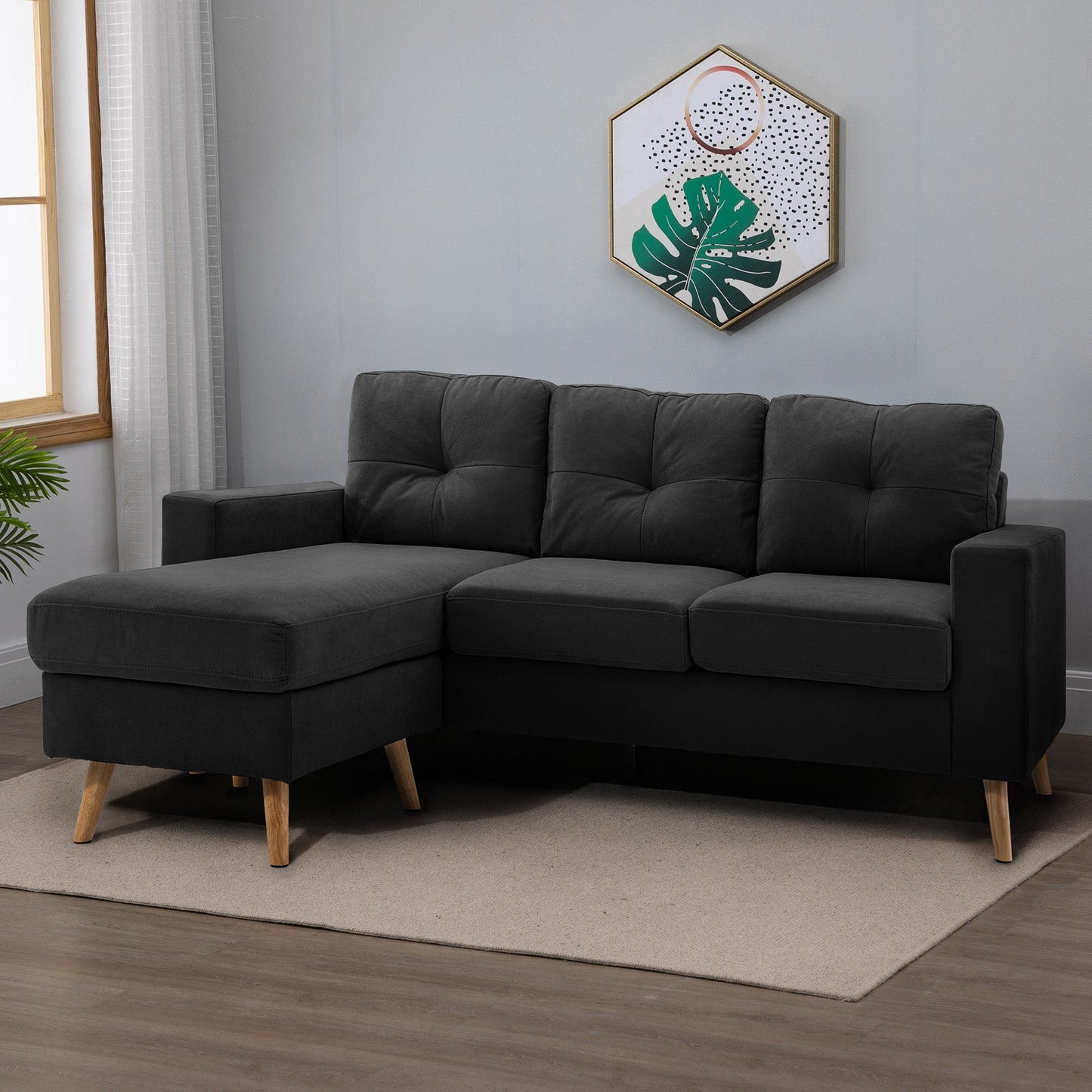 3 Seater Corner Sofa with Reversible Peninsula and Cushions, in Linen Effect Fabric, 193x136x85 cm, Black