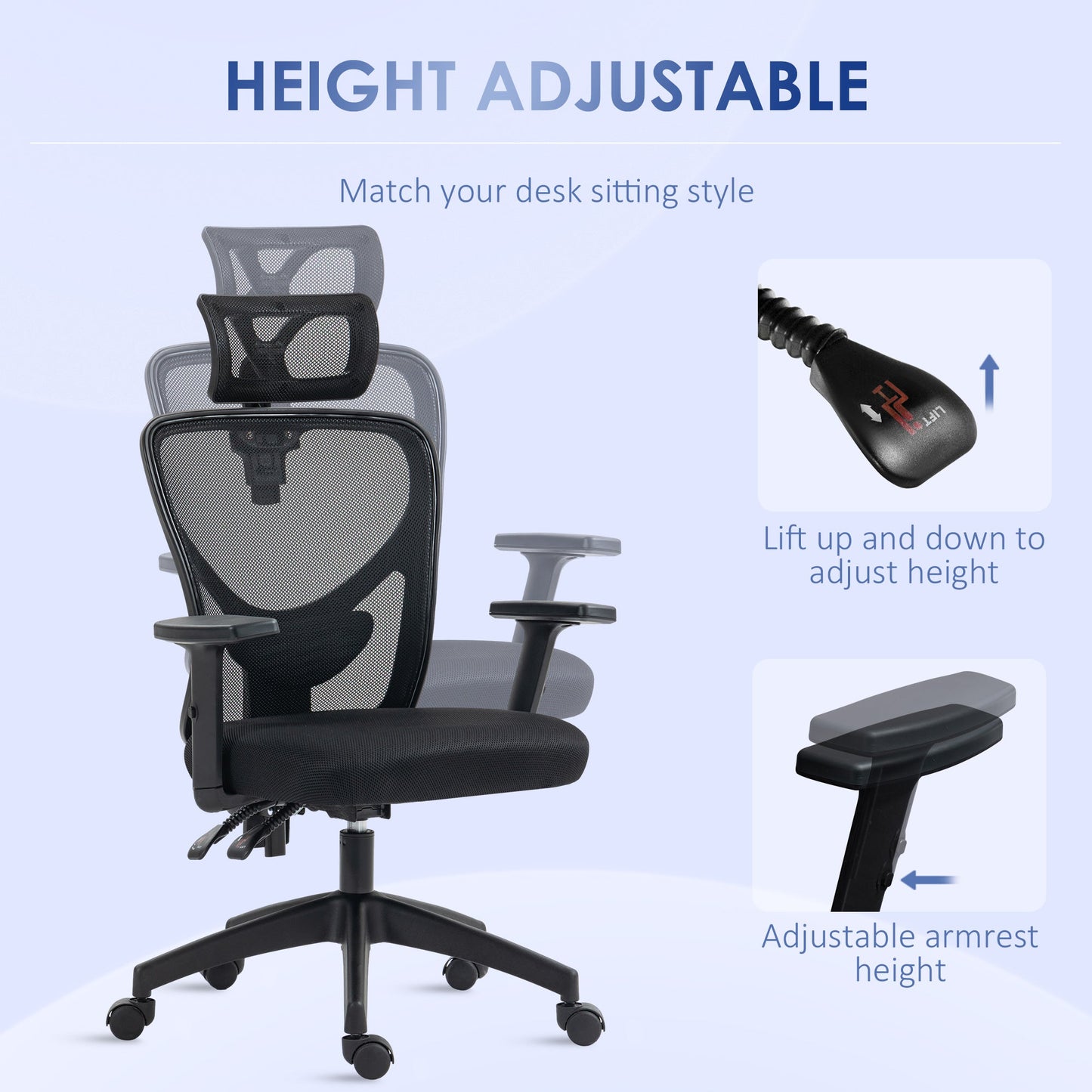 Ergonomic Office Chair with Adjustable Height, Lumbar Support and Headrest, 66x61x106-116cm Black