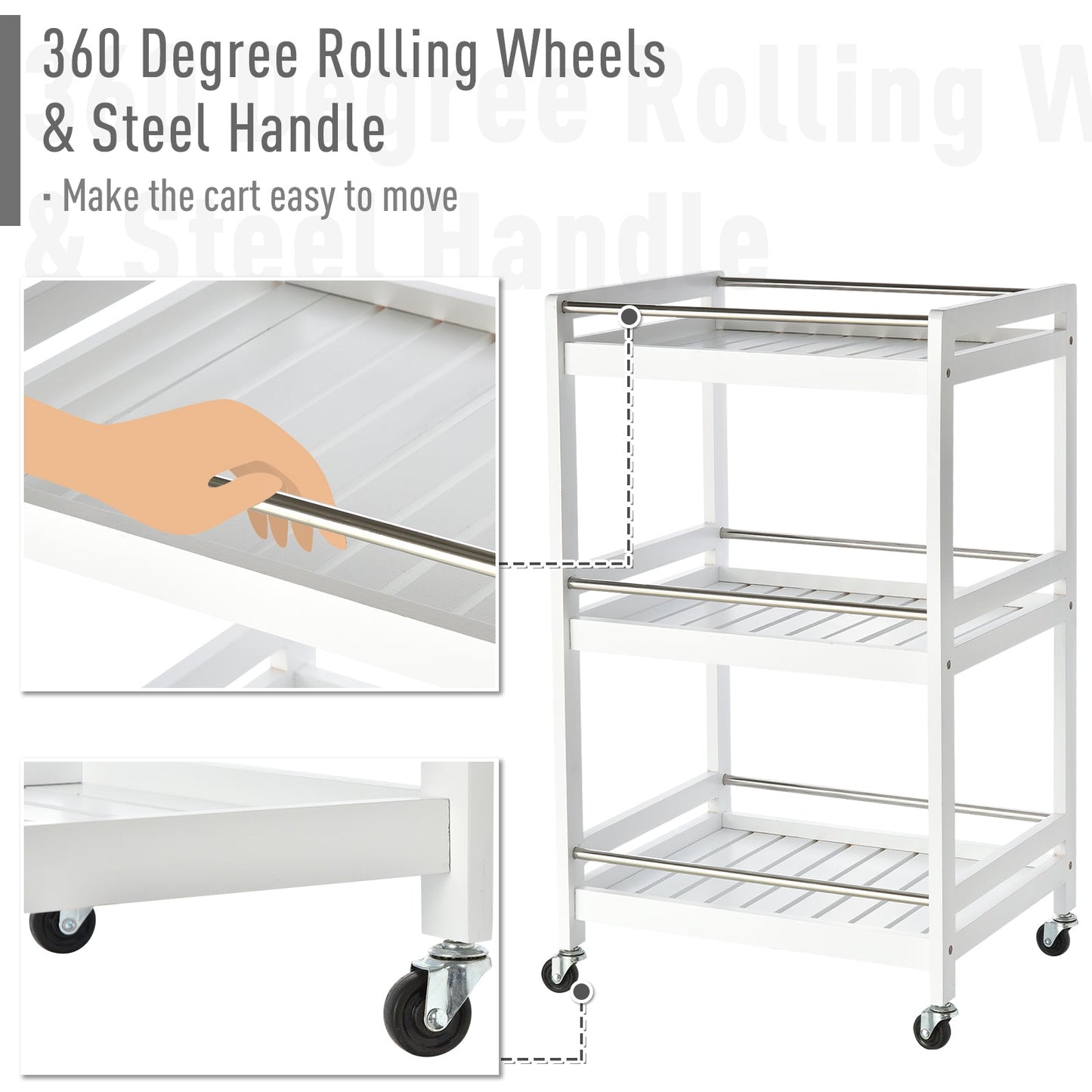 SPOON | Wooden Kitchen Trolley with 3 Shelves and Wheels, 45x38x78cm, White