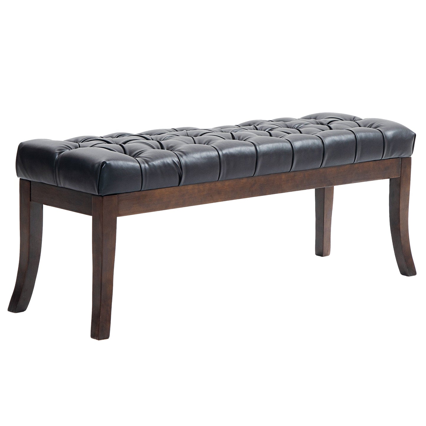 Upholstered Bed End Bench with Button Design and Curved Legs, PU Leather and Wood, 120x38x46 cm, Black