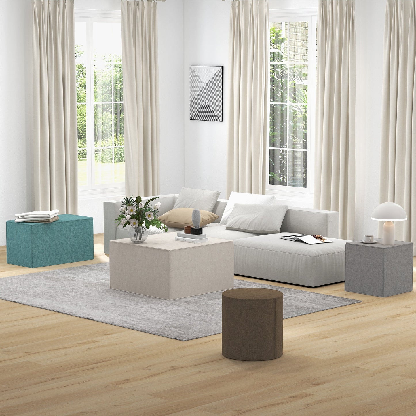 Square Footstool 2 in 1 with Removable Linen Effect Fabric Cover, 41x41x41 cm, Light Grey