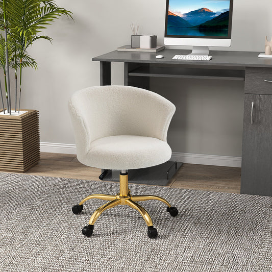 Height-Adjustable Office Chair with Swivel Seat and Teddy Velvet Upholstery, White and Gold