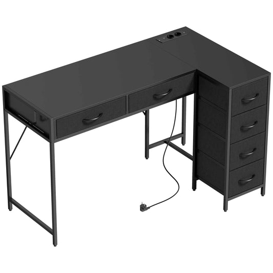 Corner Desk with 6 Drawers, Side Hook and Integrated Sockets, Wood and Steel, 126x48x80 cm, Black