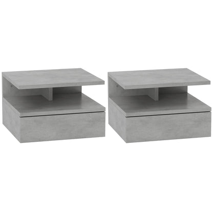 Set of 2 Suspended Bedside Tables for the Bedroom with Drawer and Wooden Shelf 35x32x22.5cm, Gray