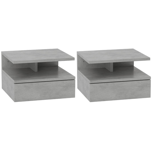 Set of 2 Suspended Bedside Tables for the Bedroom with Drawer and Wooden Shelf 35x32x22.5cm, Gray