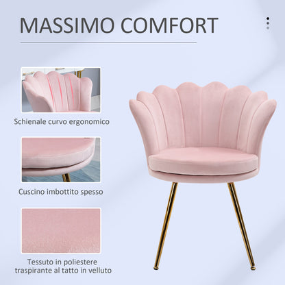 Vintage Style Velvet Shell Lounge Chair with Gold Legs in Pink