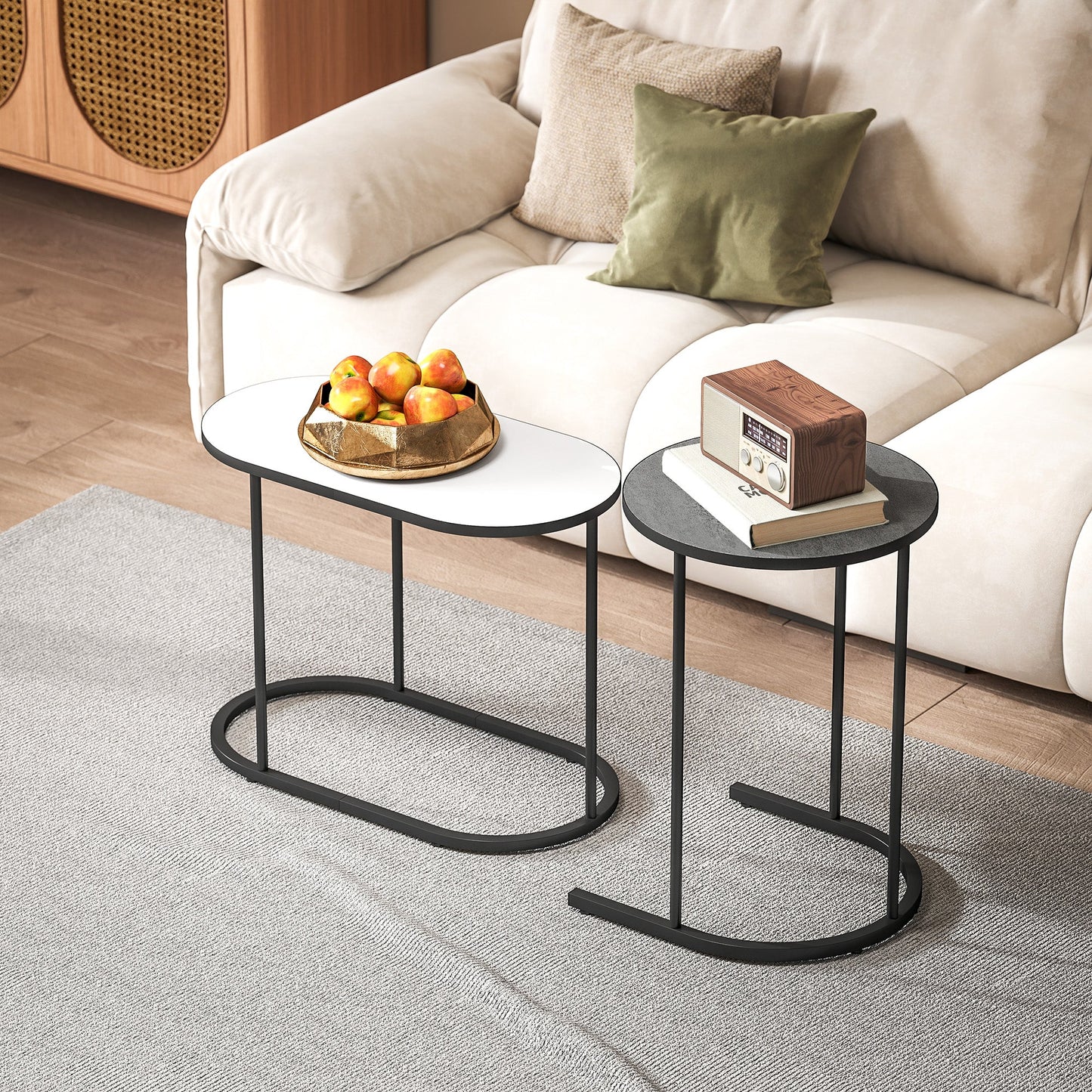 Set of 2 Stackable Coffee Tables with Metal Frame for Living Room and Office, Grey and White