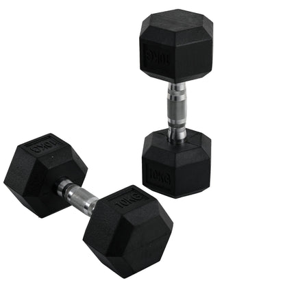 Set of 2 10kg Hex Dumbbells in Metal and Rubber for Workout in the Gym, Home and Office, Black