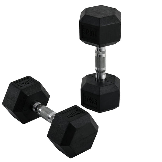 Set of 2 10kg Hex Dumbbells in Metal and Rubber for Workout in the Gym, Home and Office, Black