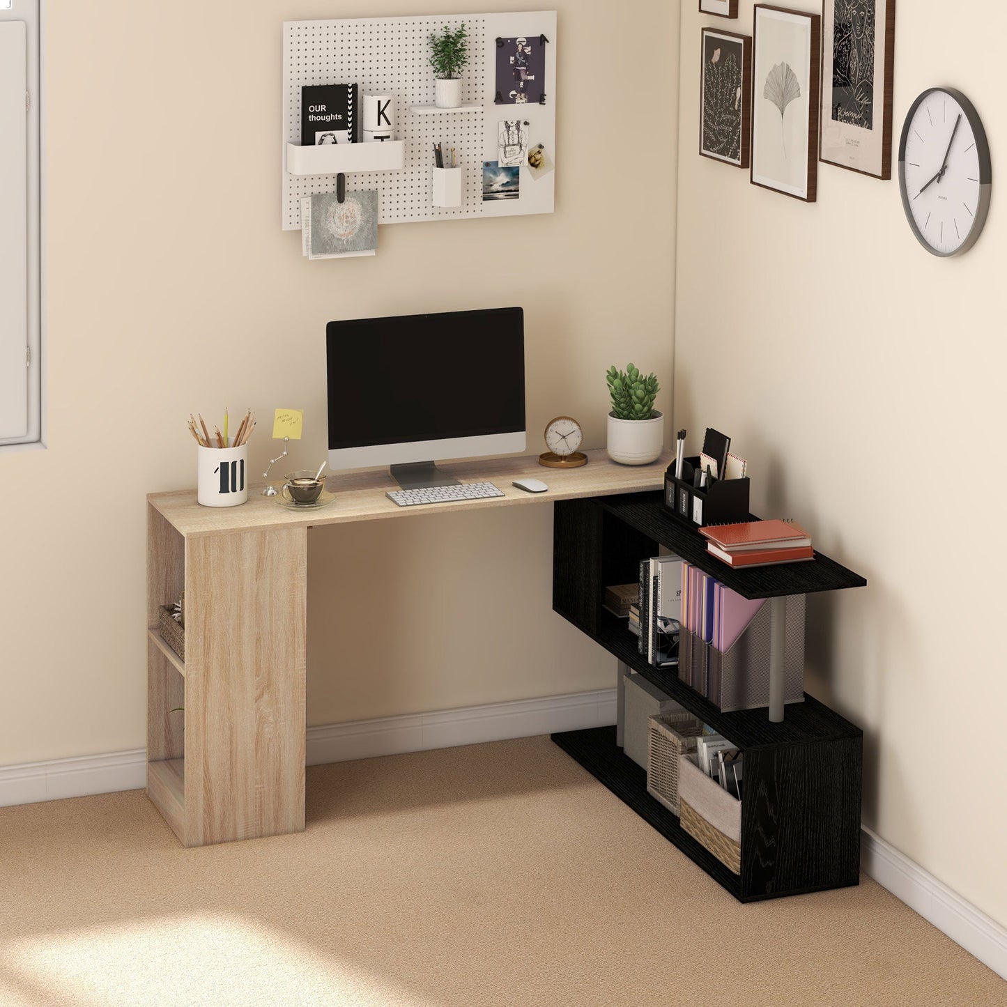 Space-Saving Corner Desk with S-Shaped Shelf, Wooden, 140x120x78 cm, Wood Color