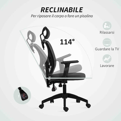 Ergonomic and Adjustable Office Chair with Lumbar Support and Headrest, 66x61x106-116 cm, Grey