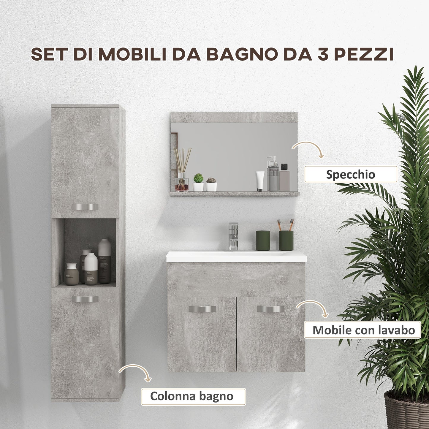 Grey 4 Piece Bathroom Furniture Set with 60cm Sink, Cabinet, Bathroom Column and Wooden Mirror, Grey