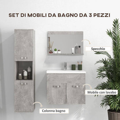 Grey 4 Piece Bathroom Furniture Set with 60cm Sink, Cabinet, Bathroom Column and Wooden Mirror, Grey