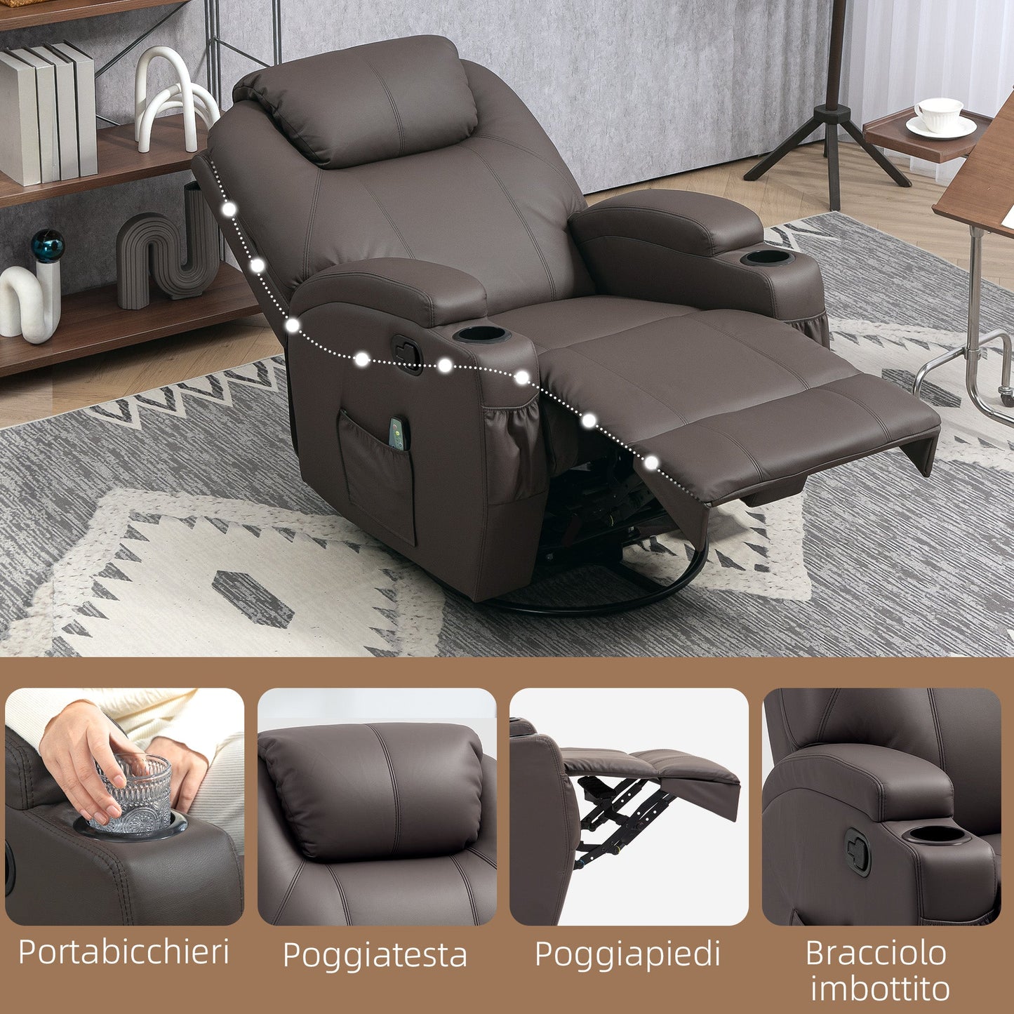 Reclining Massage Chair with 8 Massage Points and 5 Modes, 84x92x109cm, Dark Brown