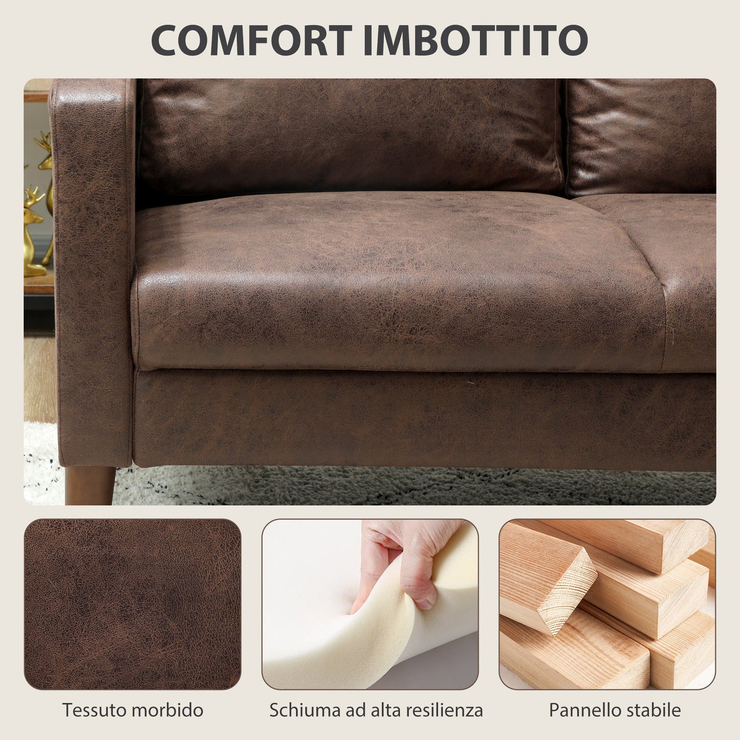 Modern 2-Seater Sofa with Breathable Leather-Effect Fabric Upholstery and Wooden Legs, 130x78x85 cm, Dark Brown