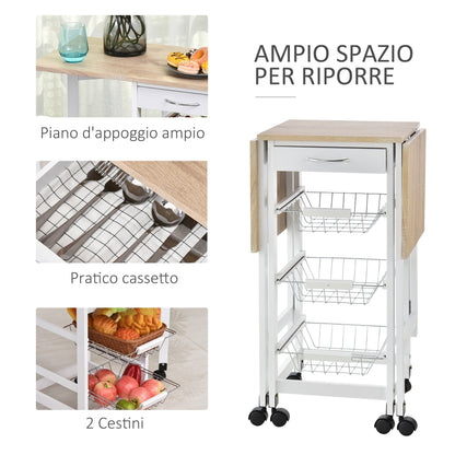 Kitchen Trolley with 3 Baskets, Drawer and Flaps, 6 Swivel Wheels, in MDF and Metal, 37x37x77.5cm, White and Wood