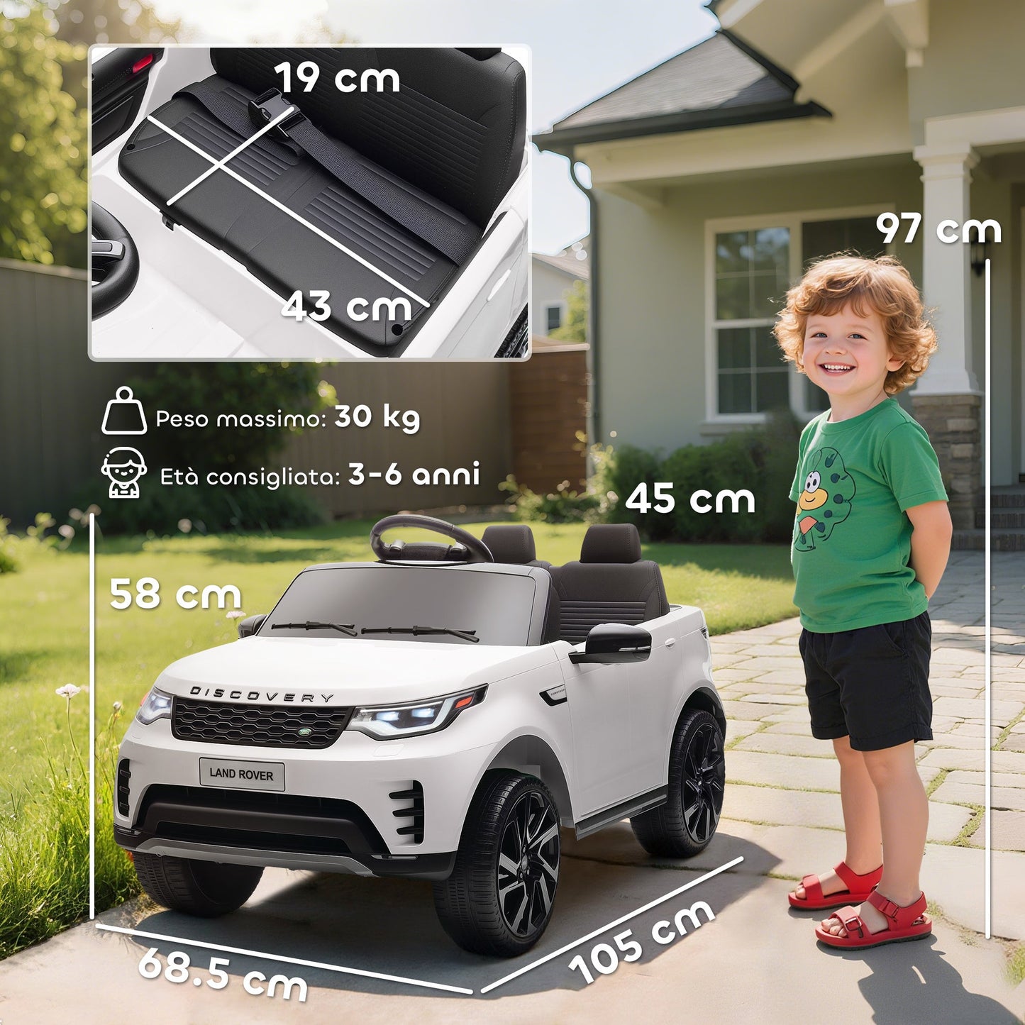 Electric Ride-On Toy Car for Kids, Land Rover License, with LED Headlights, Horn and Remote Control, 105x68.5x58 cm, White