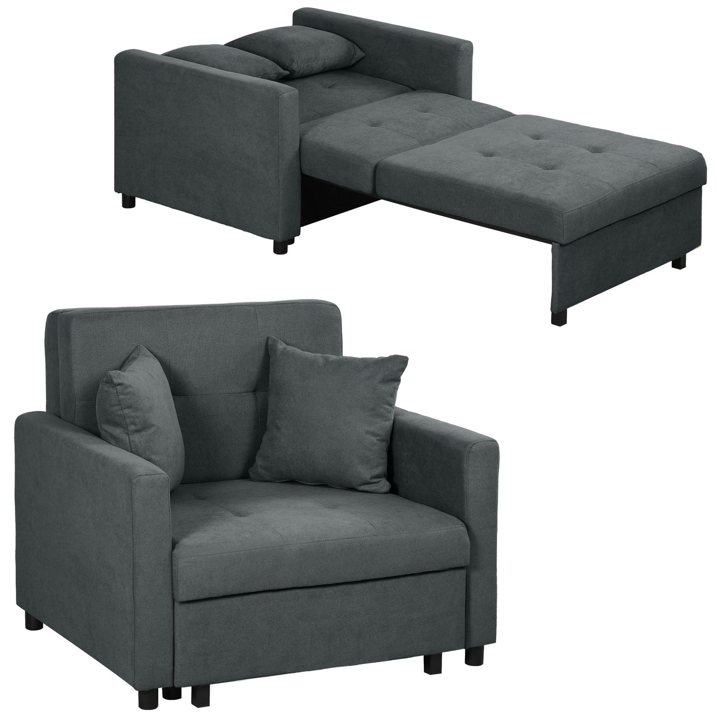 Grey Velvet Fabric Armchair Bed with 2 Cushions and Storage Space, 100x98x88 cm