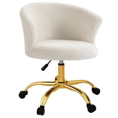 Height-Adjustable Office Chair with Swivel Seat and Teddy Velvet Upholstery, White and Gold