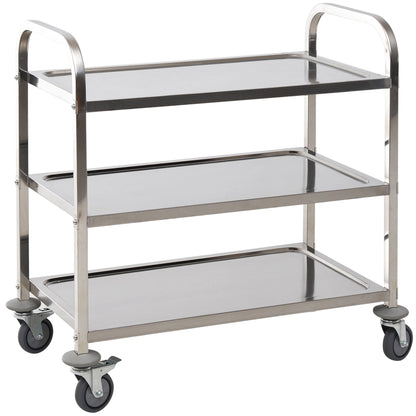 Restaurant / Hotel Kitchen Cart 3 Open Shelves 4 Omnidirectional Wheels with 2 Brakes Anti-Collision Bearings 430 Stainless Steel Silver 85x45x90cm
