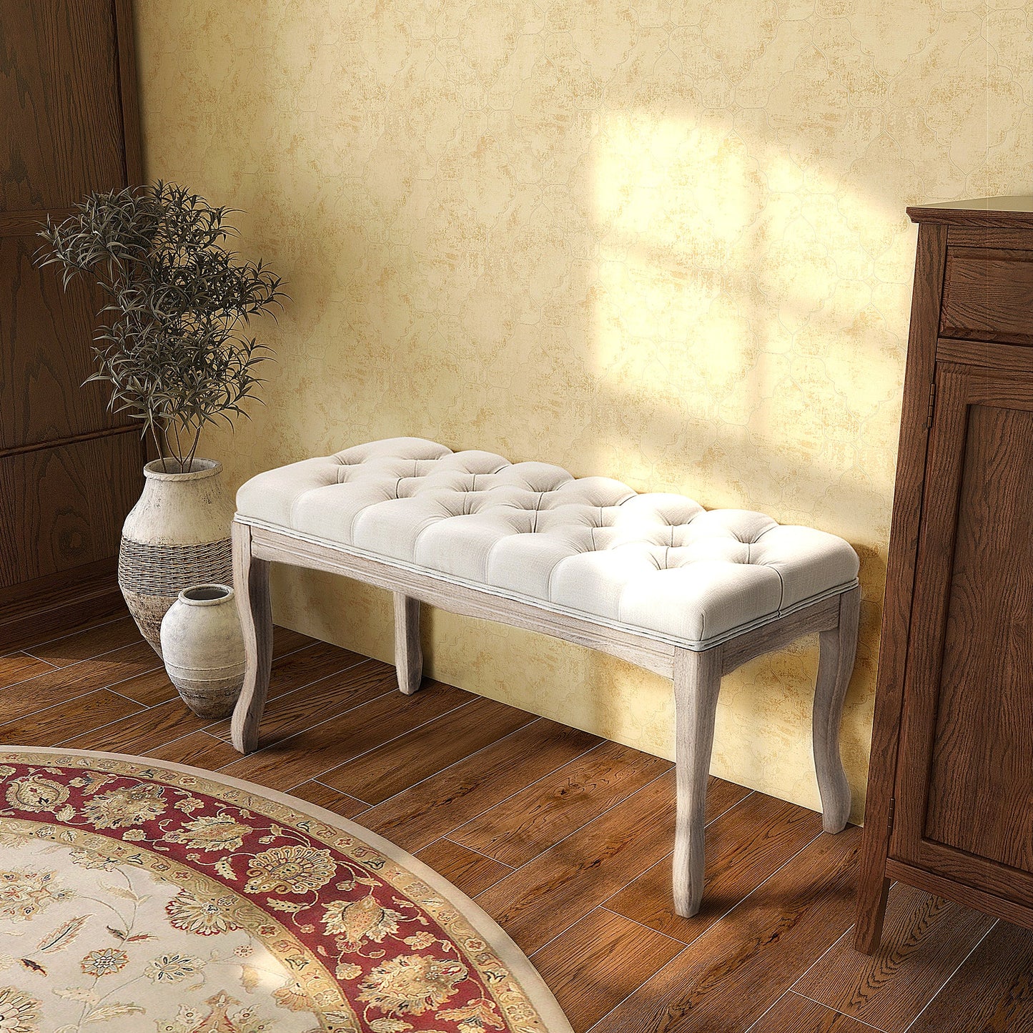 Vintage Bedside Bench with Upholstered Fabric Seat and Wooden Legs, 110x40x48cm, Beige
