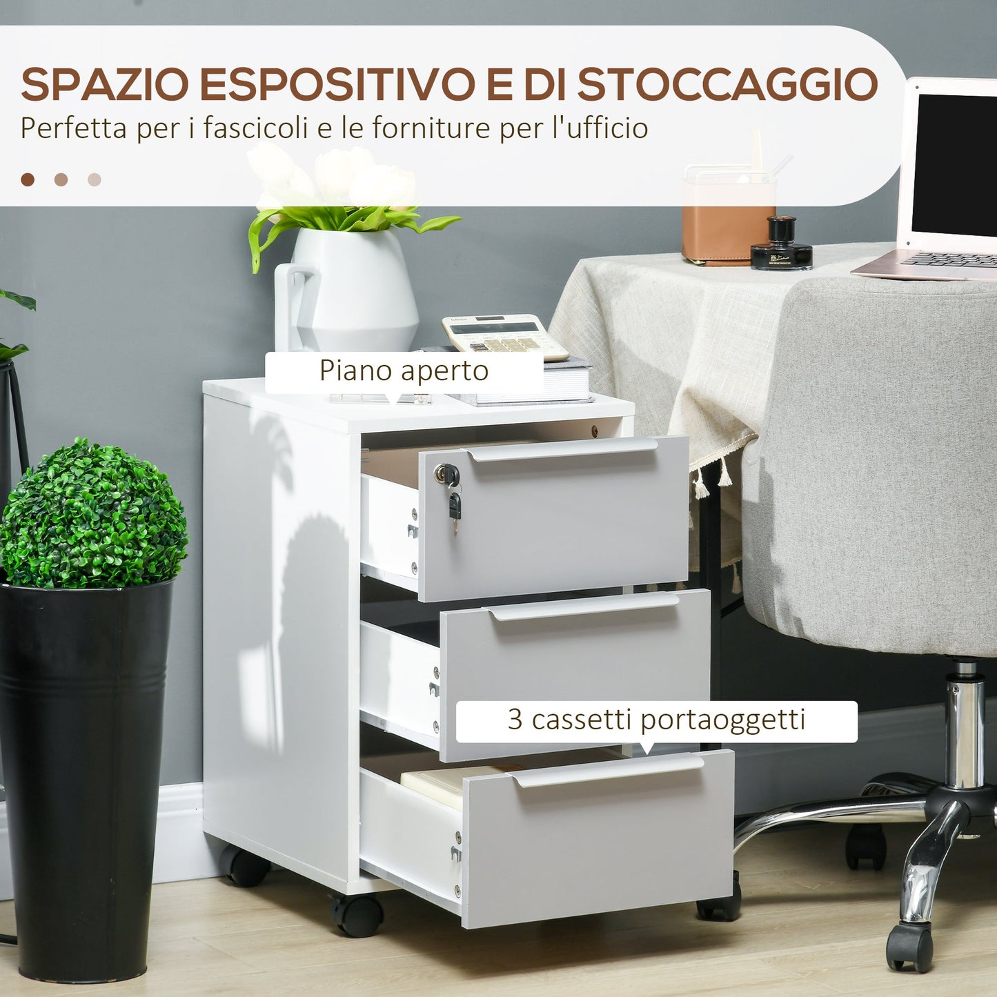 3-Drawer Office Filing Cabinet with Security Keys and 4 Wheels, Wooden, 40x40x63.5 cm, White and Grey