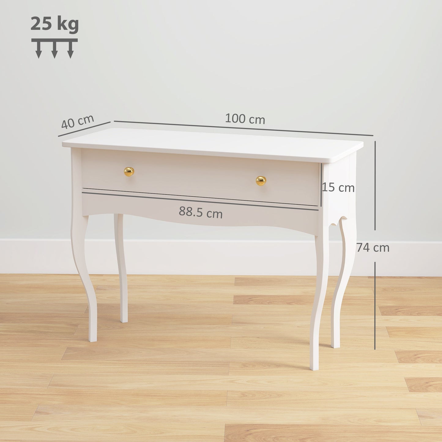 Dressing Table and Console Table for Entrance Hall with Large Wooden Drawer, 100x40x74 cm, White