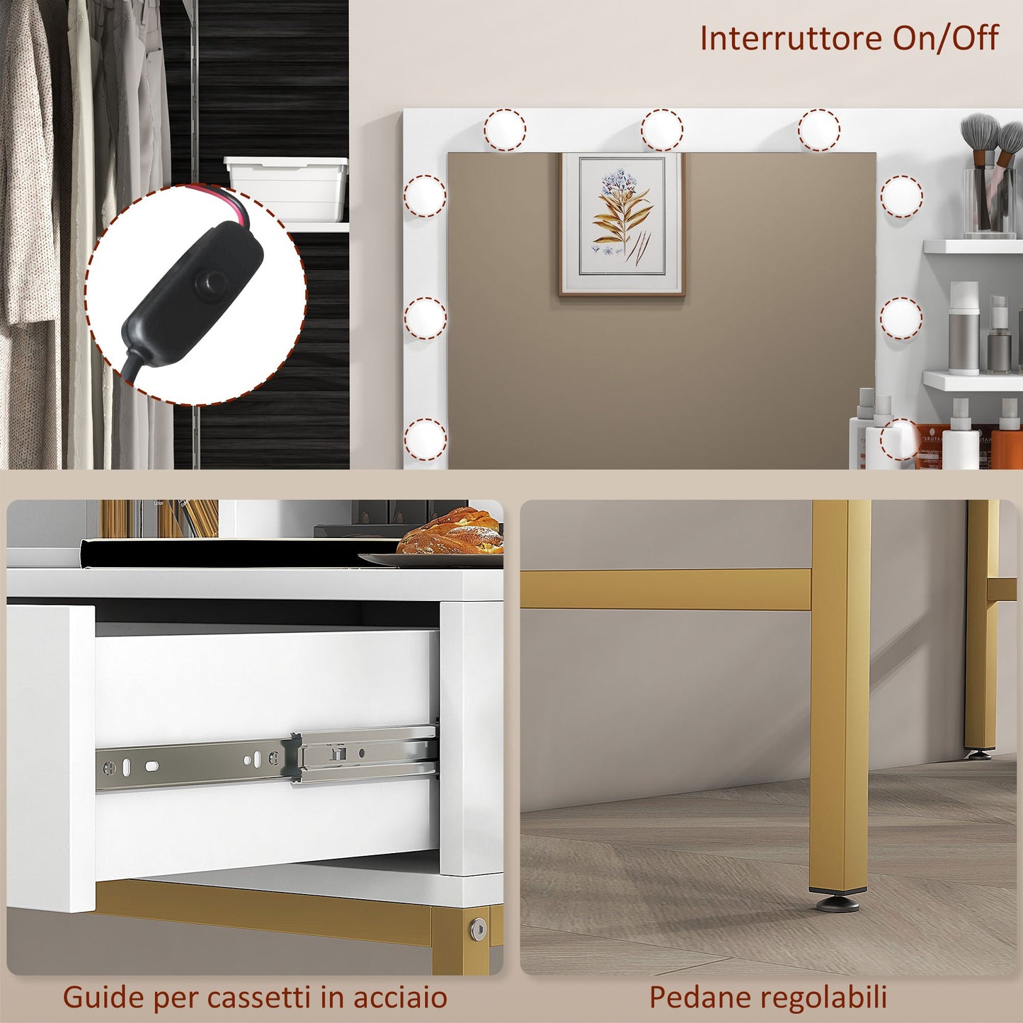 Vanity Makeup Table with Mirror, 2 Drawers, 5 Shelves and Stool, in MDF and Chipboard, 80x40x138 cm, White