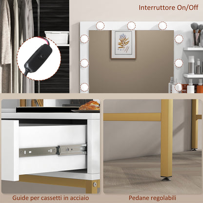 Vanity Makeup Table with Mirror, 2 Drawers, 5 Shelves and Stool, in MDF and Chipboard, 80x40x138 cm, White