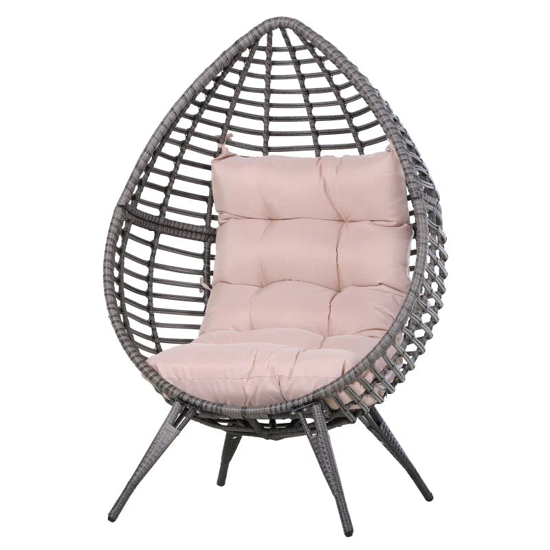 DROPPA | Boho Teardrop Rattan Outdoor Lounge Chair with Cushion, 101x89x156cm Grey and Beige