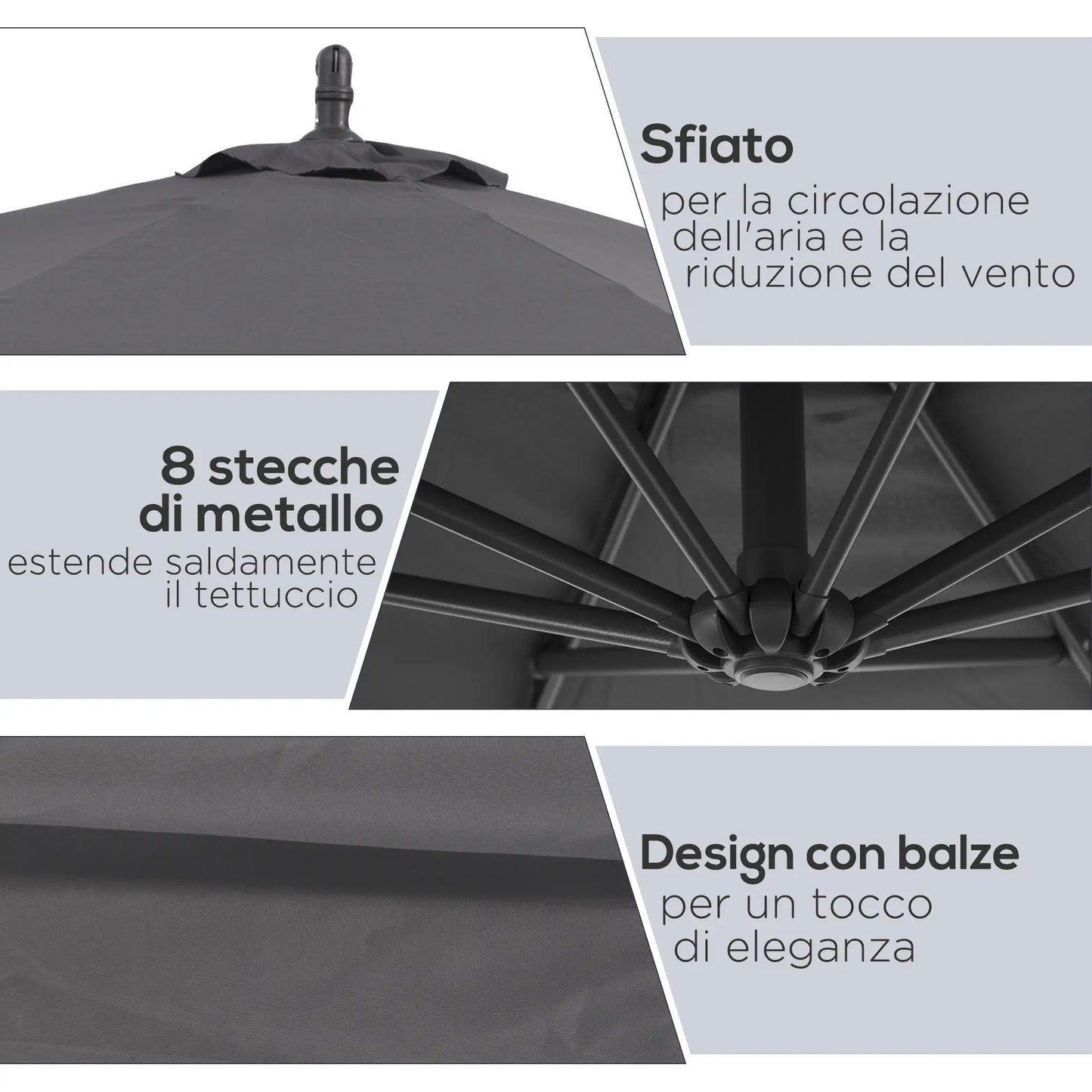Garden Umbrella 3x2.5 m Arm and Tiltable with Crank, in Steel and Polyester Grey