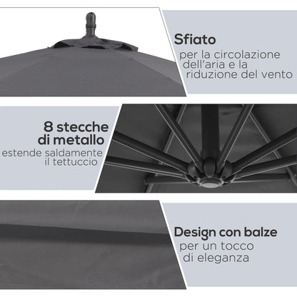 Garden Umbrella 3x2.5 m Arm and Tiltable with Crank, in Steel and Polyester Grey