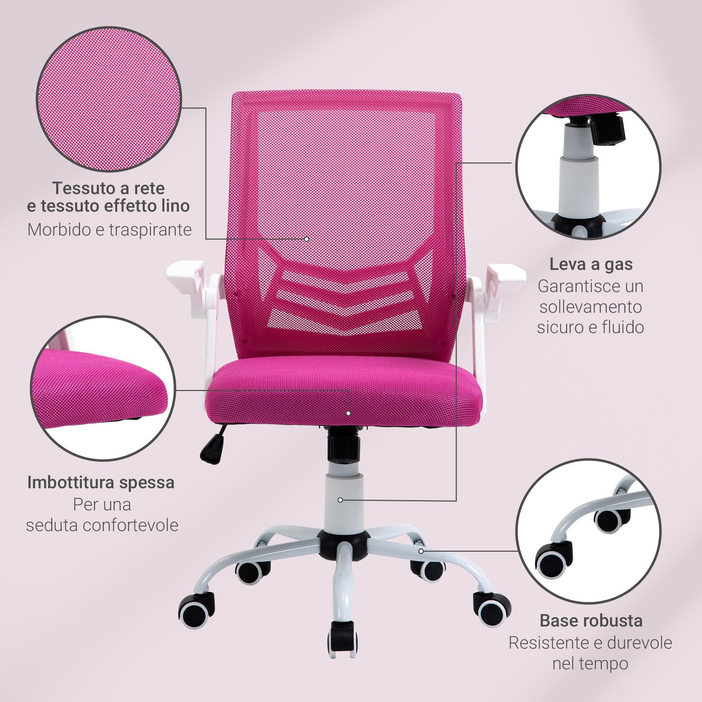 Ergonomic Office Chair with Lumbar Support, Folding Armrests, Breathable Mesh Swivel Desk Chair with Reclining Backrest and Adjustable Height, 120kg Capacity, Pink