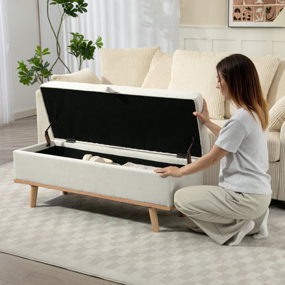 80L Padded Storage Bench with Fabric Upholstery and Wooden Legs, 118x42x45 cm, Cream
