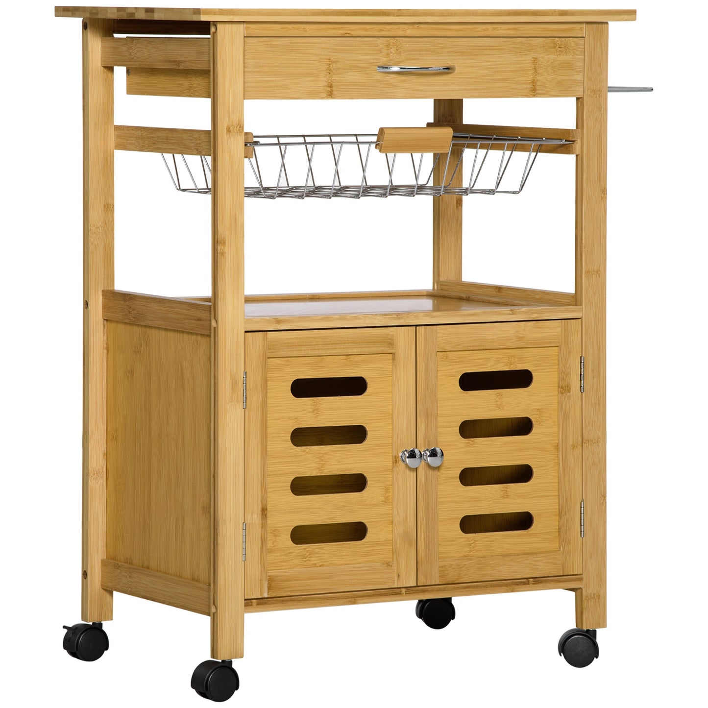 kitchen trolley with drawer, locker and removable wooden basket with swivel wheels, 66x36x79cm