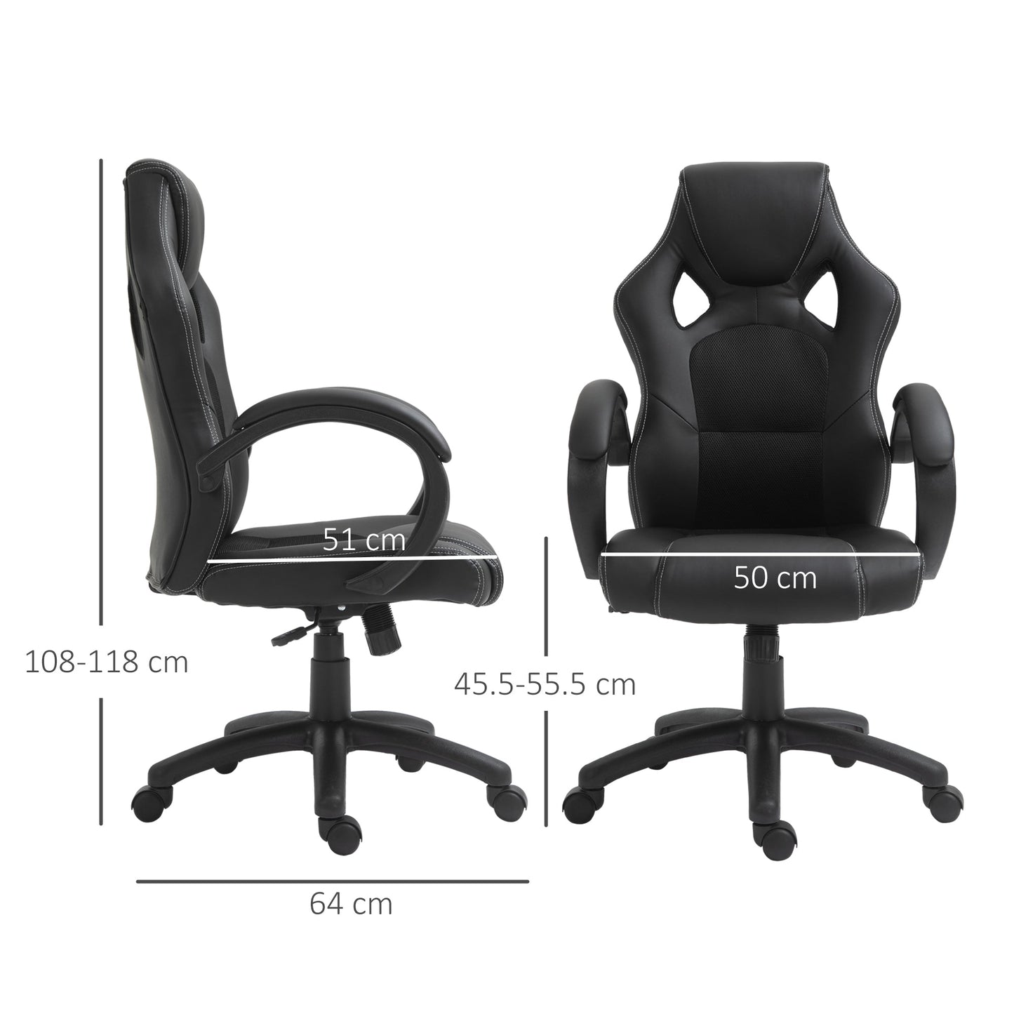 Height Adjustable Gaming Chair, Office Chair with Rocking Function, Swivel and Reclining, 71x61x108-118 cm, Black