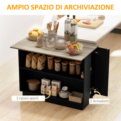 Kitchen Island with 2 Open Shelves and 2 Cabinets, MDF, 105x60x82 cm, Oak and Black