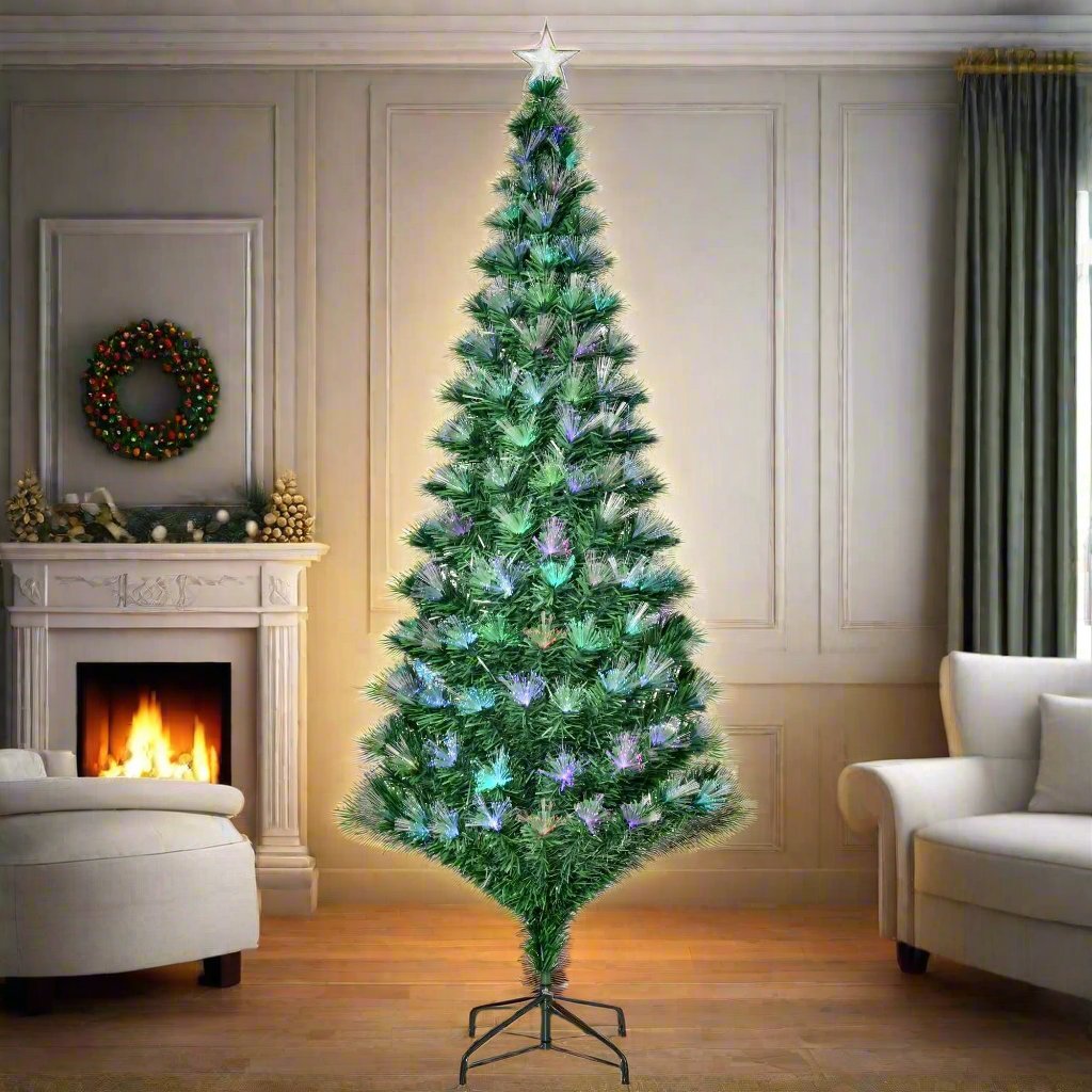 Christmas Tree with 230 LED Lights and Colourful Fiber Optic Lights, 180cm,  230 Fireproof PVC Branches and Metal Base