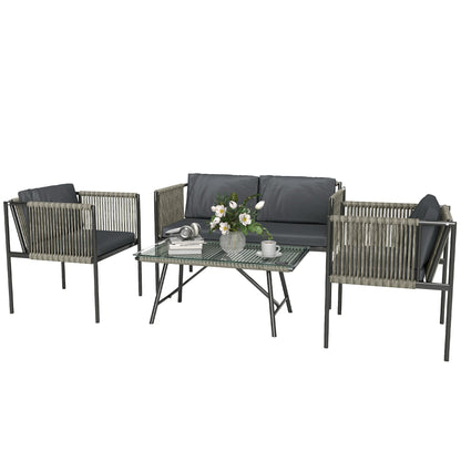 Rattan Garden Lounge Set with 2 Armchairs, 2 Seater Sofa and Glass Coffee Table, Grey