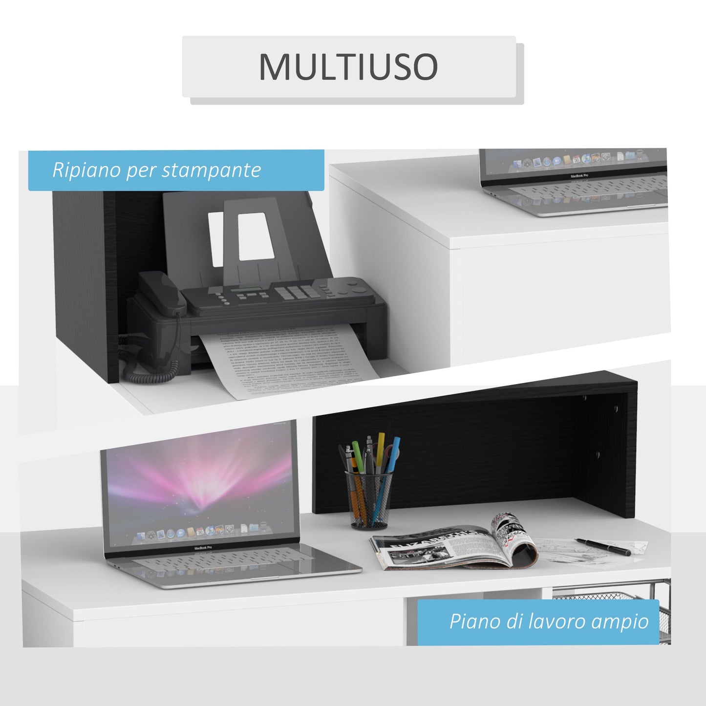 Office Desk with Printer Shelf, 2 Drawers and 3 Shelves, in Black and White MDF, 137 x 55 x 92cm