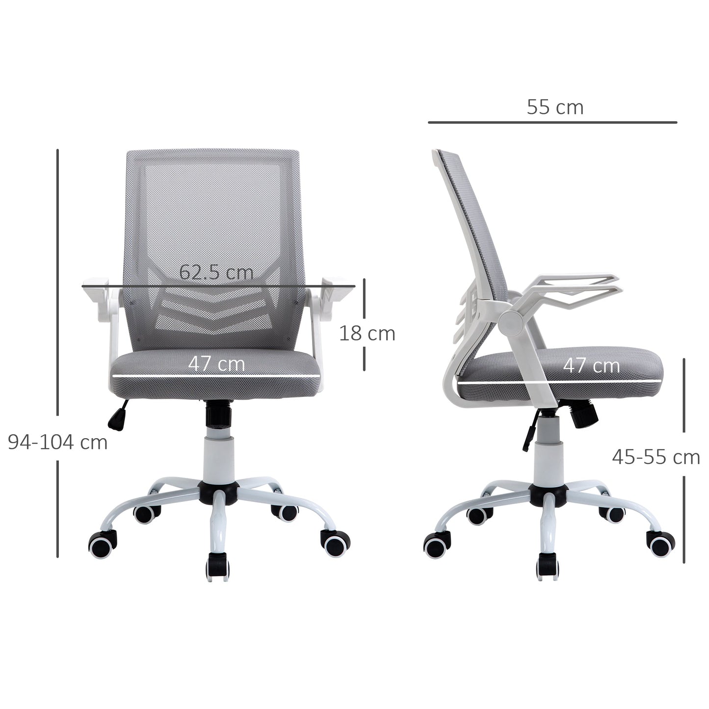 Ergonomic Office Chair with Armrests and Lumbar Support, in Linen Effect Fabric, 62.5x55x94-104 cm, Grey