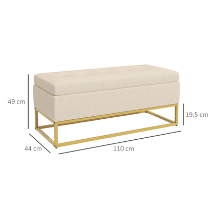 Rectangular Storage Bench with Padded Seat and Steel Legs, 110x44x49 cm, Beige