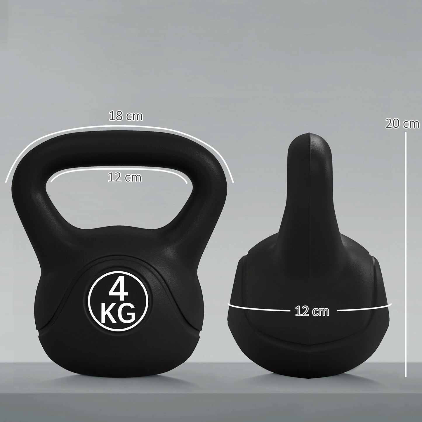 Kettlebell 4kg in Plastic and Sand with Flat Base and Handle, 18x12x20 cm, Black