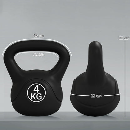 Kettlebell 4kg in Plastic and Sand with Flat Base and Handle, 18x12x20 cm, Black