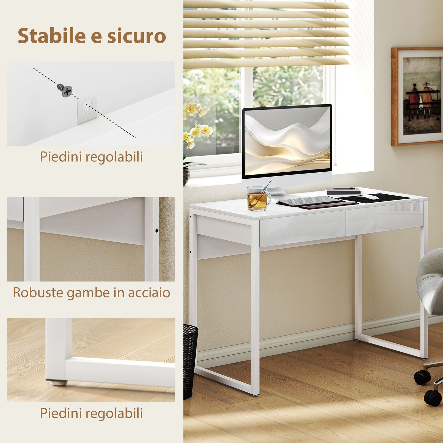 Modern Desk with 2 Drawers and Steel Legs, 100x50x75 cm, Gloss White