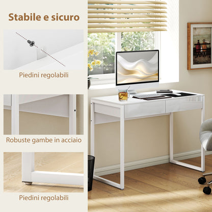 Modern Desk with 2 Drawers and Steel Legs, 100x50x75 cm, Gloss White