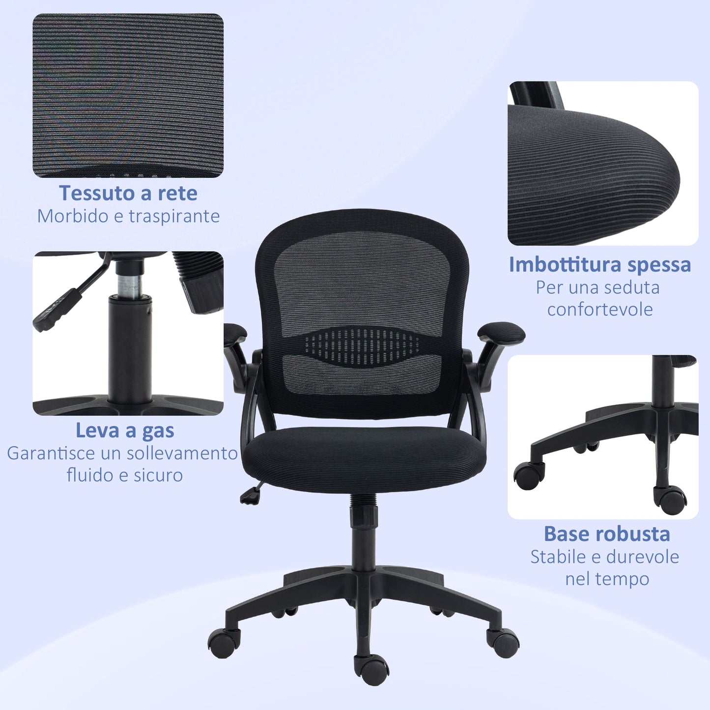 Ergonomic Office Chair with Mesh Backrest and Adjustable Height, 65.5x61.5x88-97.5cm, Black