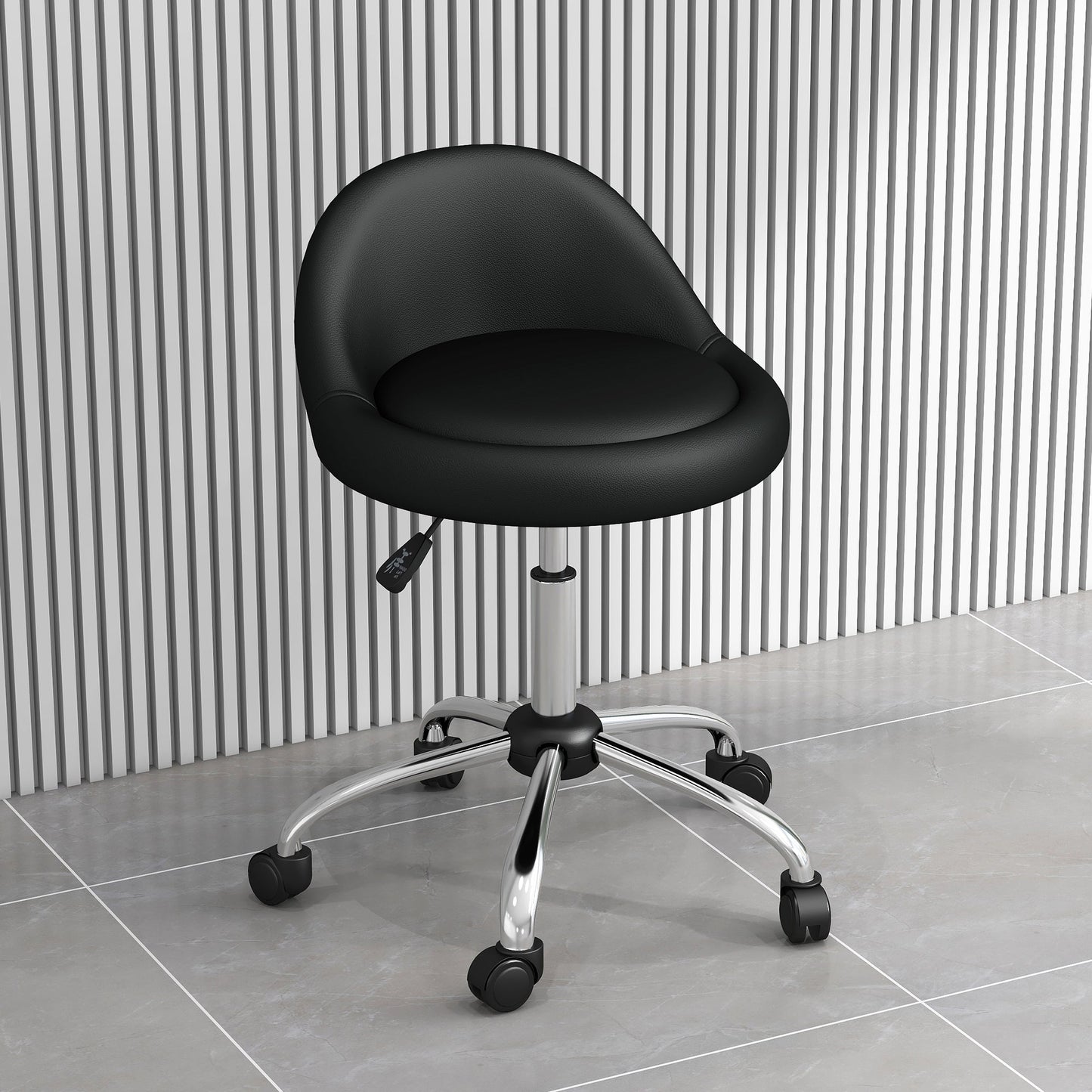 Stool with Wheels, Swivel Seat, Adjustable Height and PU Faux Leather Upholstery, Black